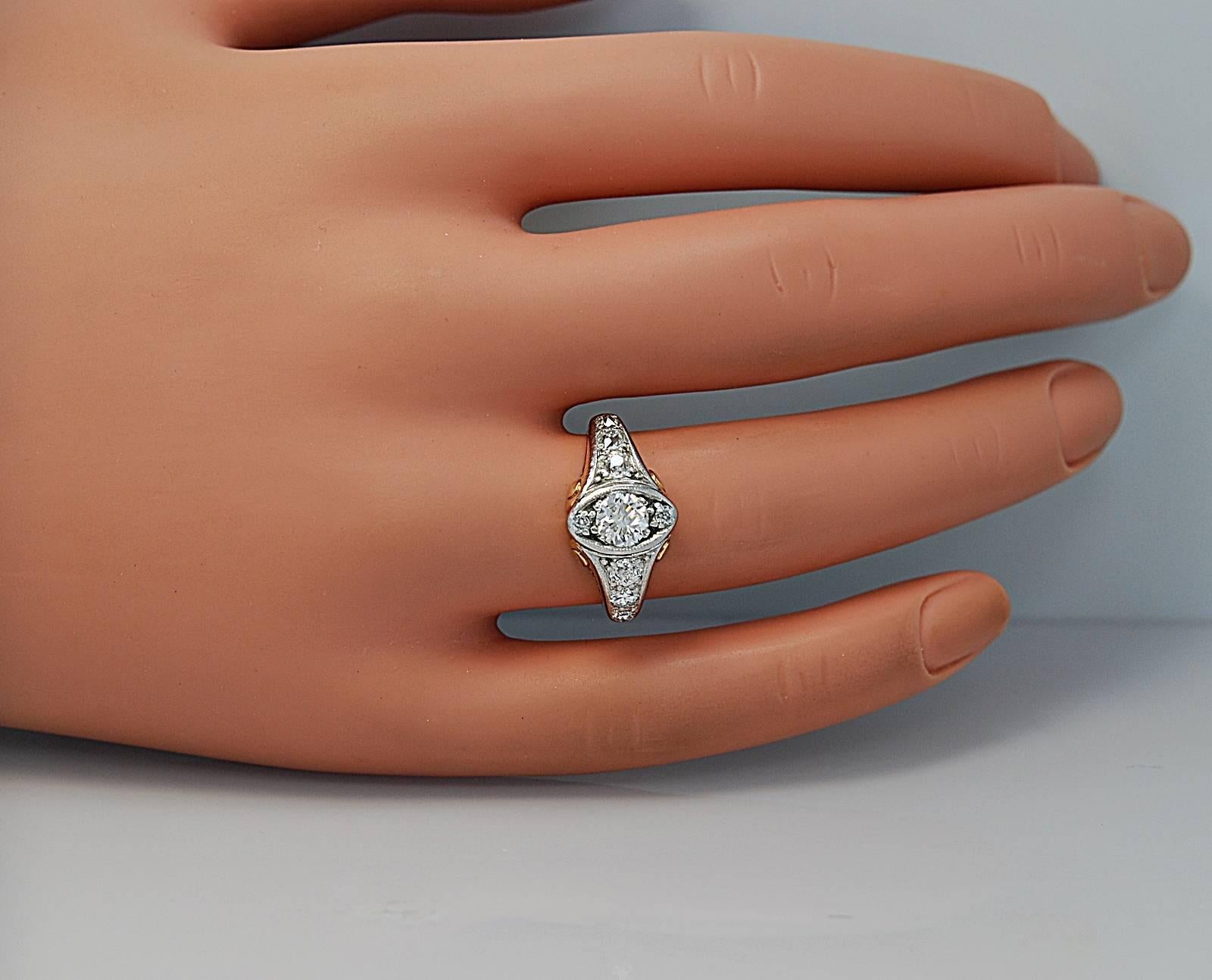 Women's Art Deco .60 Carat Diamond Two Color Gold Engagement Ring