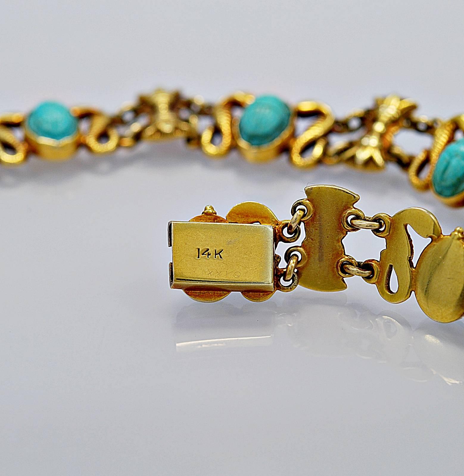 Women's or Men's Art Deco Egyptian Revival Persian Turquoise Gold Decorative Bracelet