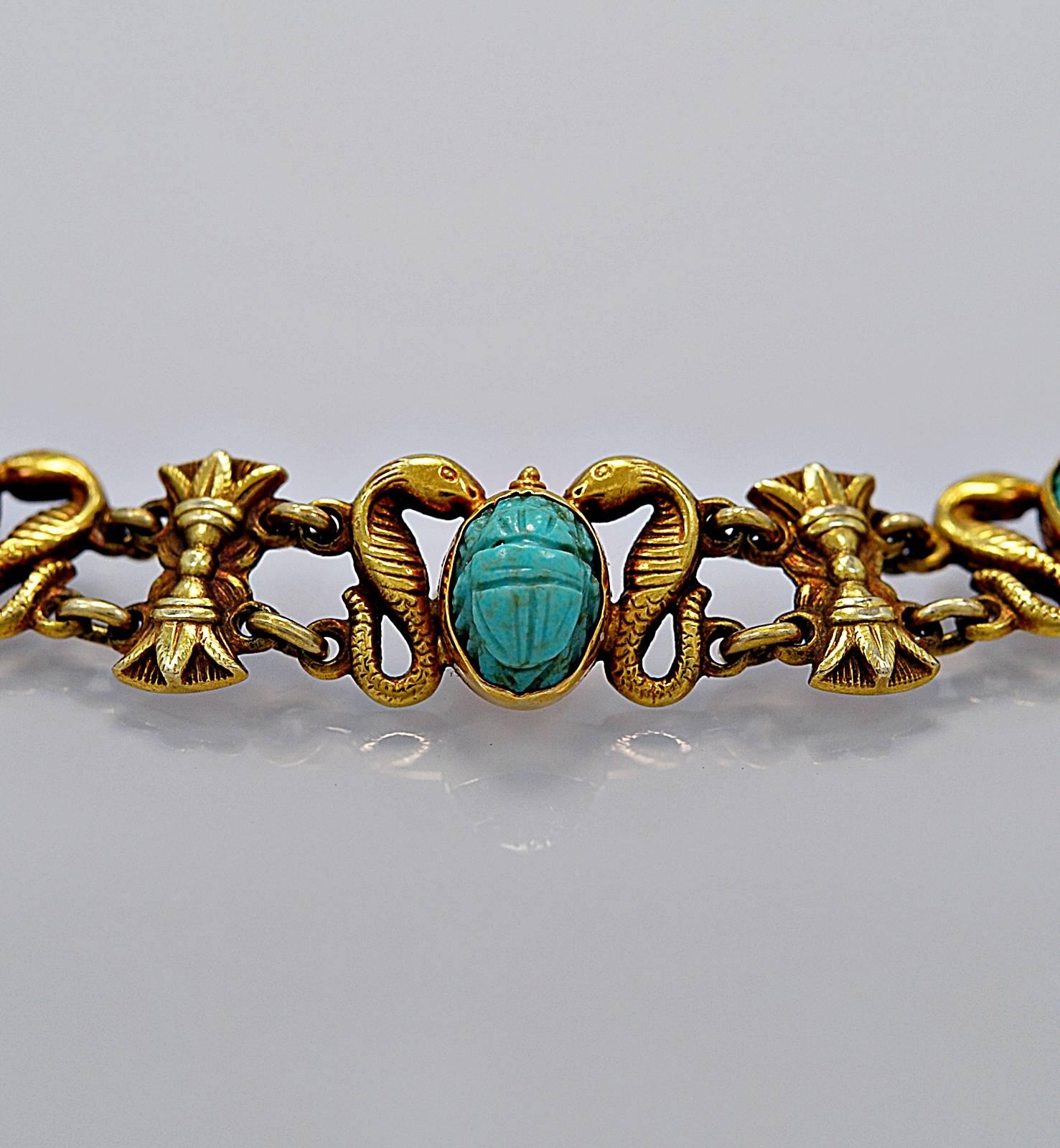 Art Deco Egyptian Revival Persian Turquoise Gold Decorative Bracelet In Excellent Condition In Tampa, FL