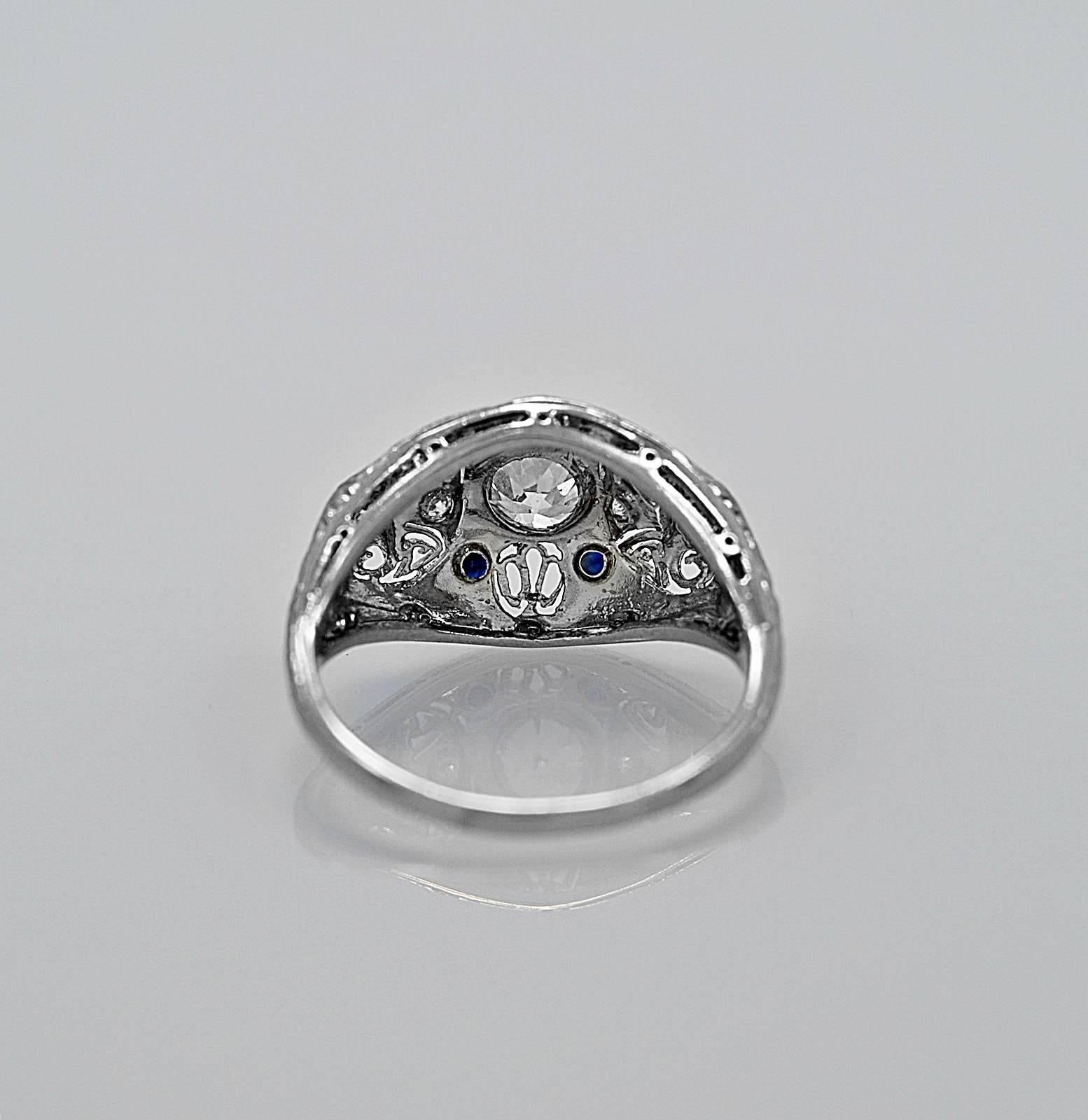 Old European Cut Art Deco .30 Carat Diamond Sapphire Platinum Engagement Ring
