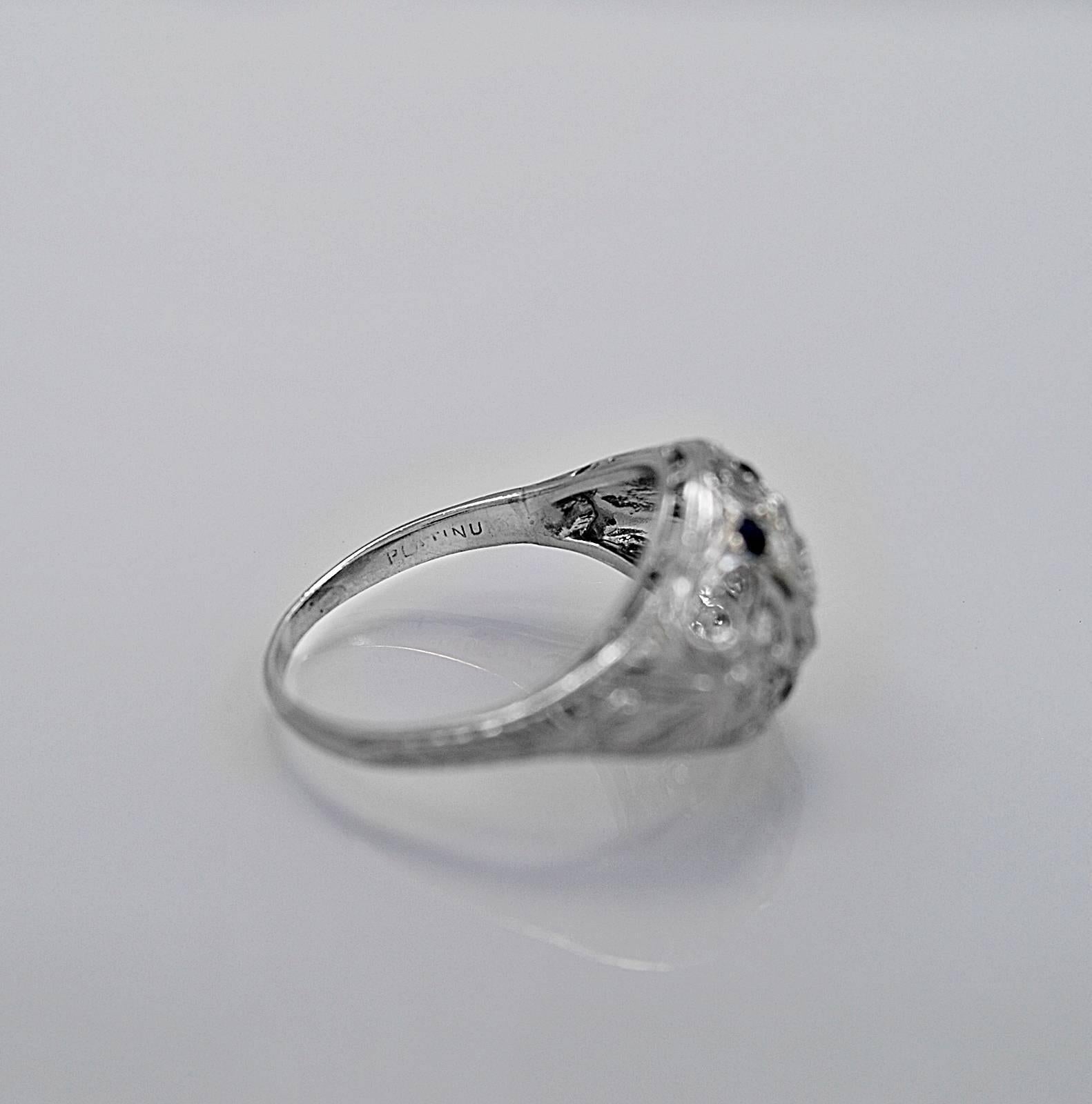 Art Deco .30 Carat Diamond Sapphire Platinum Engagement Ring In Excellent Condition In Tampa, FL