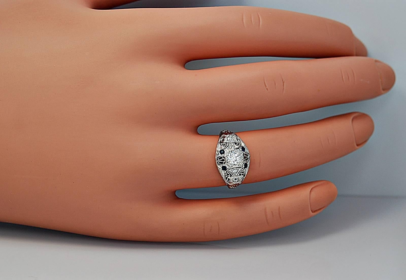 Women's Art Deco .30 Carat Diamond Sapphire Platinum Engagement Ring