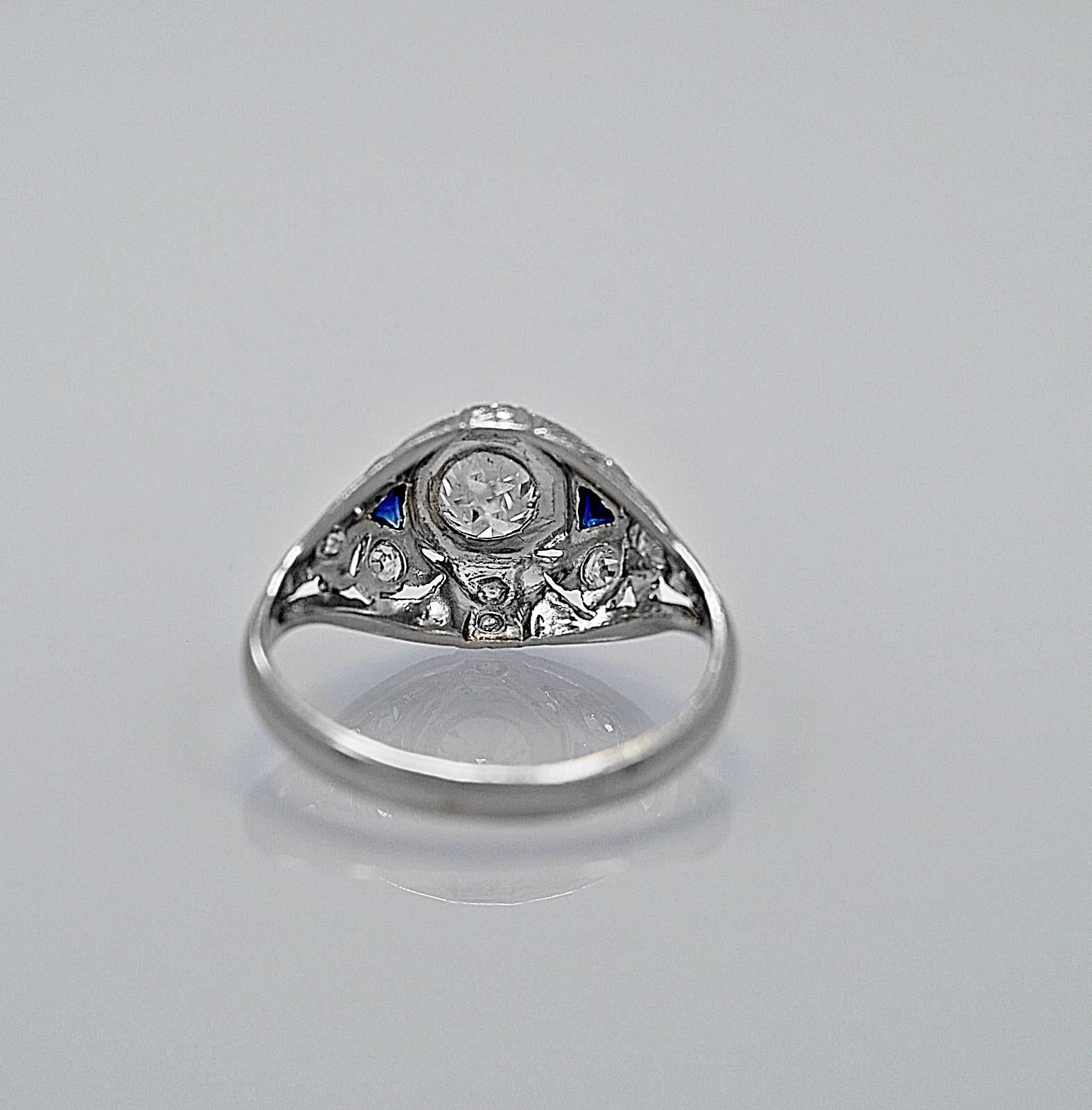 Old European Cut Art Deco .53 Carat Diamond Sapphire Platinum Engagement Ring
