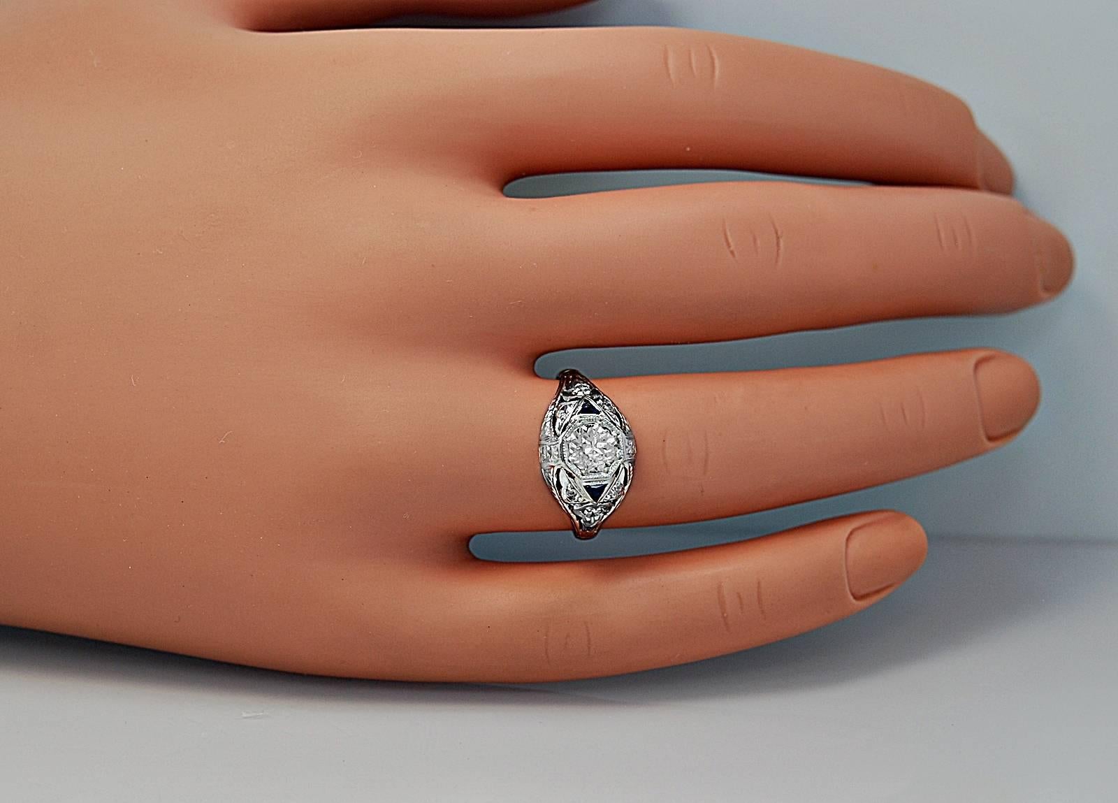 Art Deco .53 Carat Diamond Sapphire Platinum Engagement Ring In Excellent Condition In Tampa, FL
