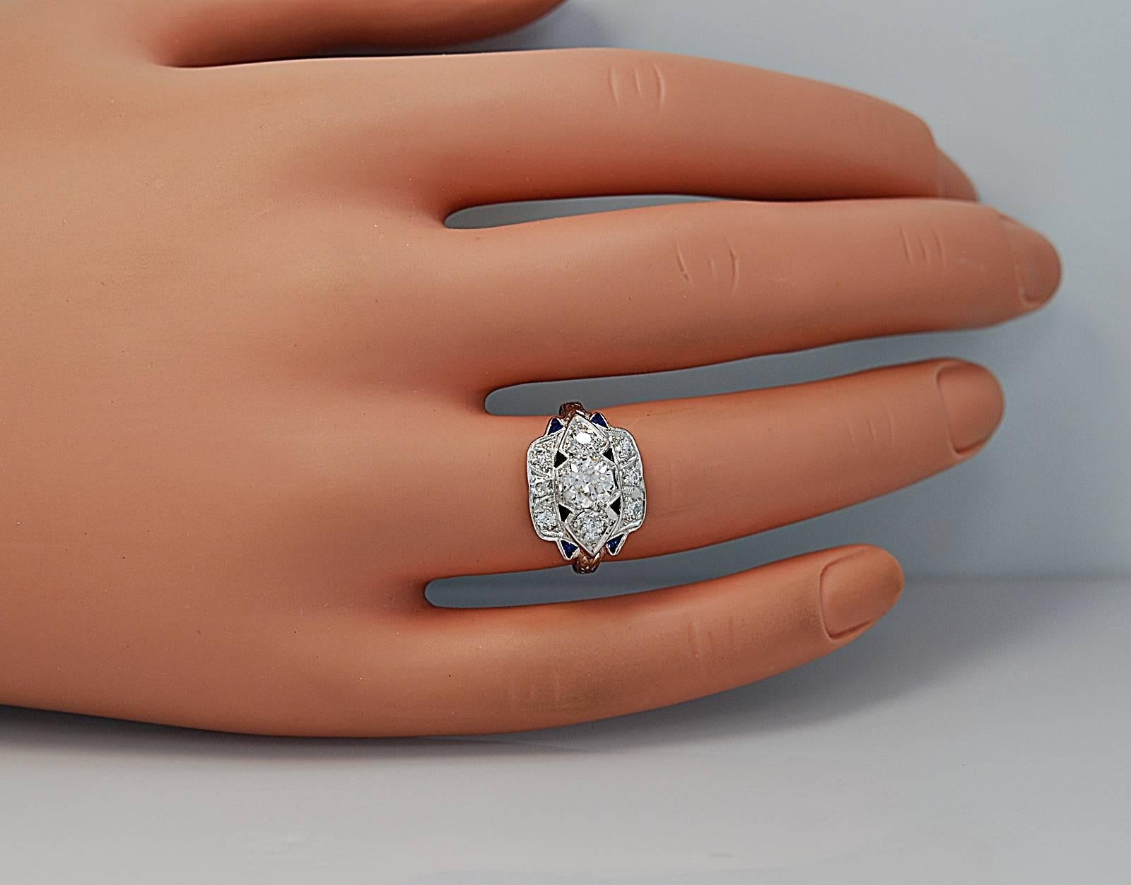 Art Deco .55 Carat Diamond Sapphire Platinum Engagement Ring In Excellent Condition In Tampa, FL