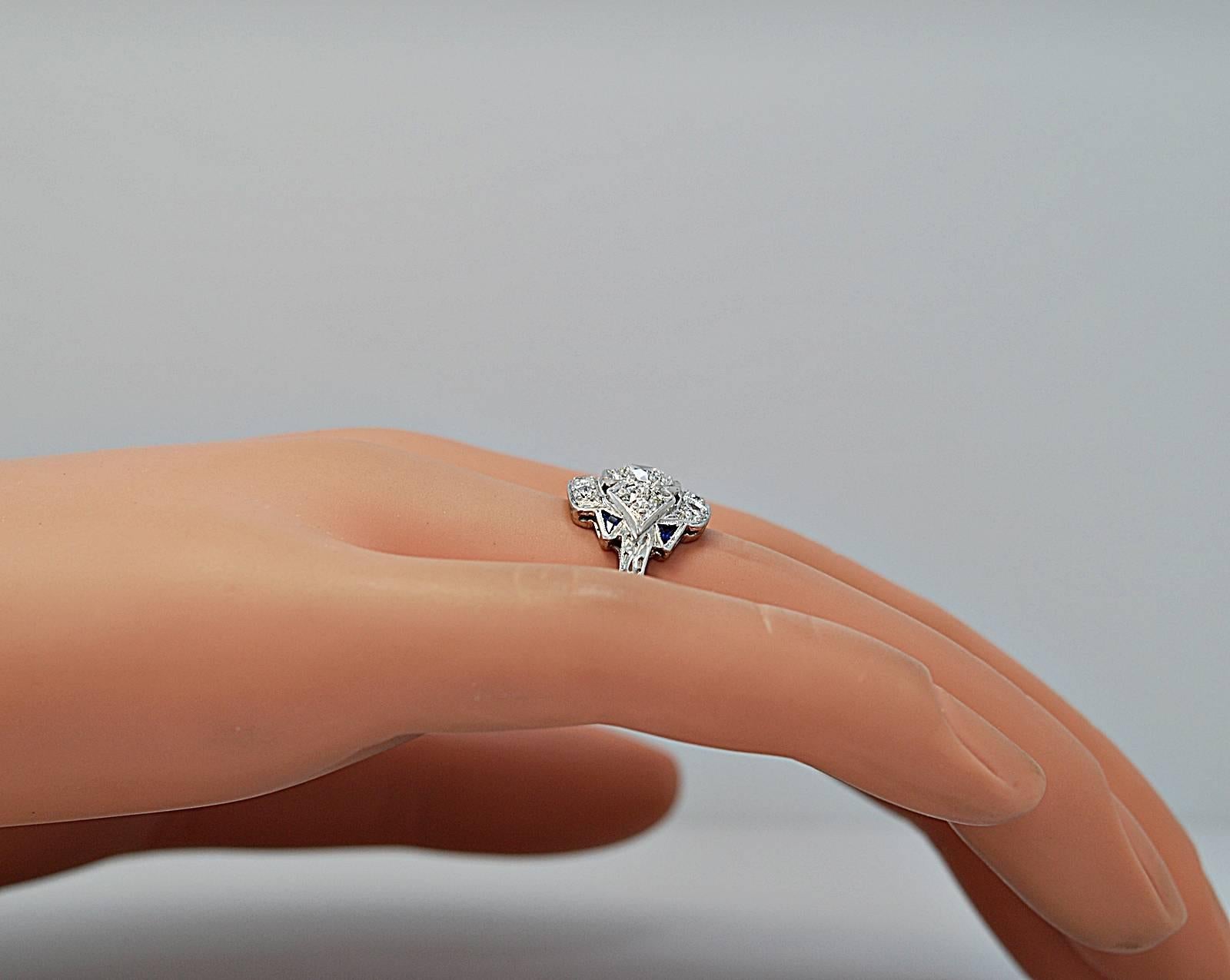 Women's Art Deco .55 Carat Diamond Sapphire Platinum Engagement Ring