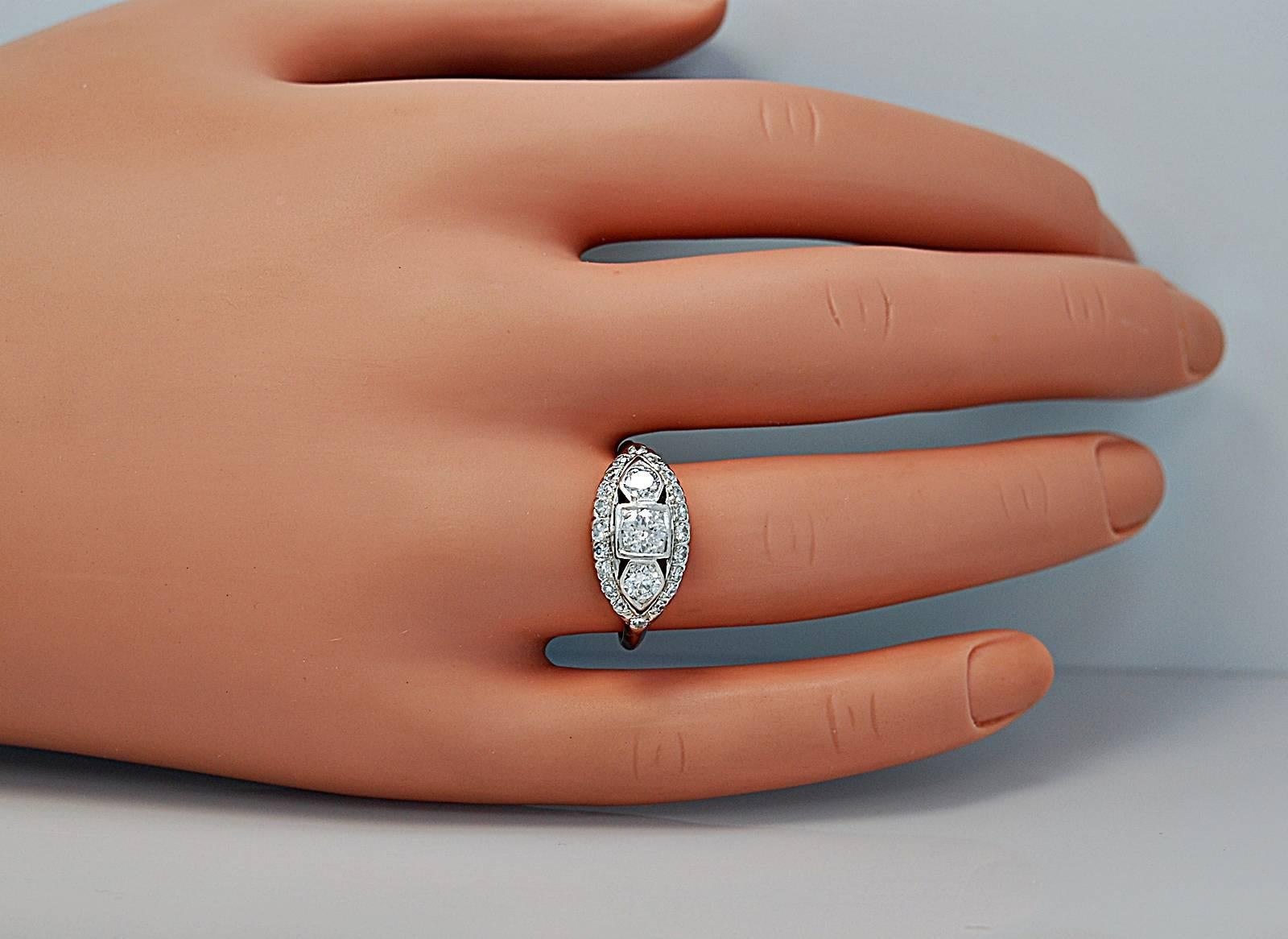 Women's or Men's Art Deco Diamond Platinum Three Stone Engagement Ring