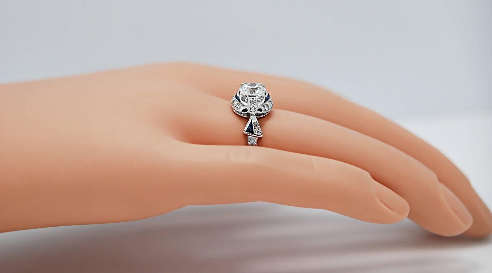Art Deco 1.10 Carat Diamond Sapphire Engagement Ring Platinum 1