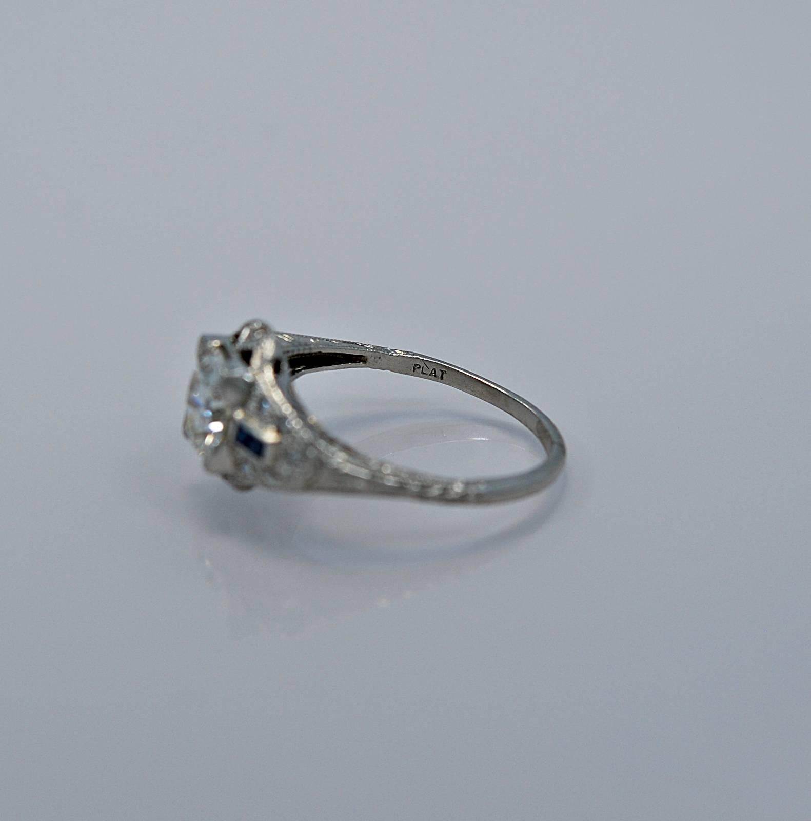 Art Deco 1.07 Carat Diamond Sapphire Platinum Engagement Ring In Excellent Condition In Tampa, FL