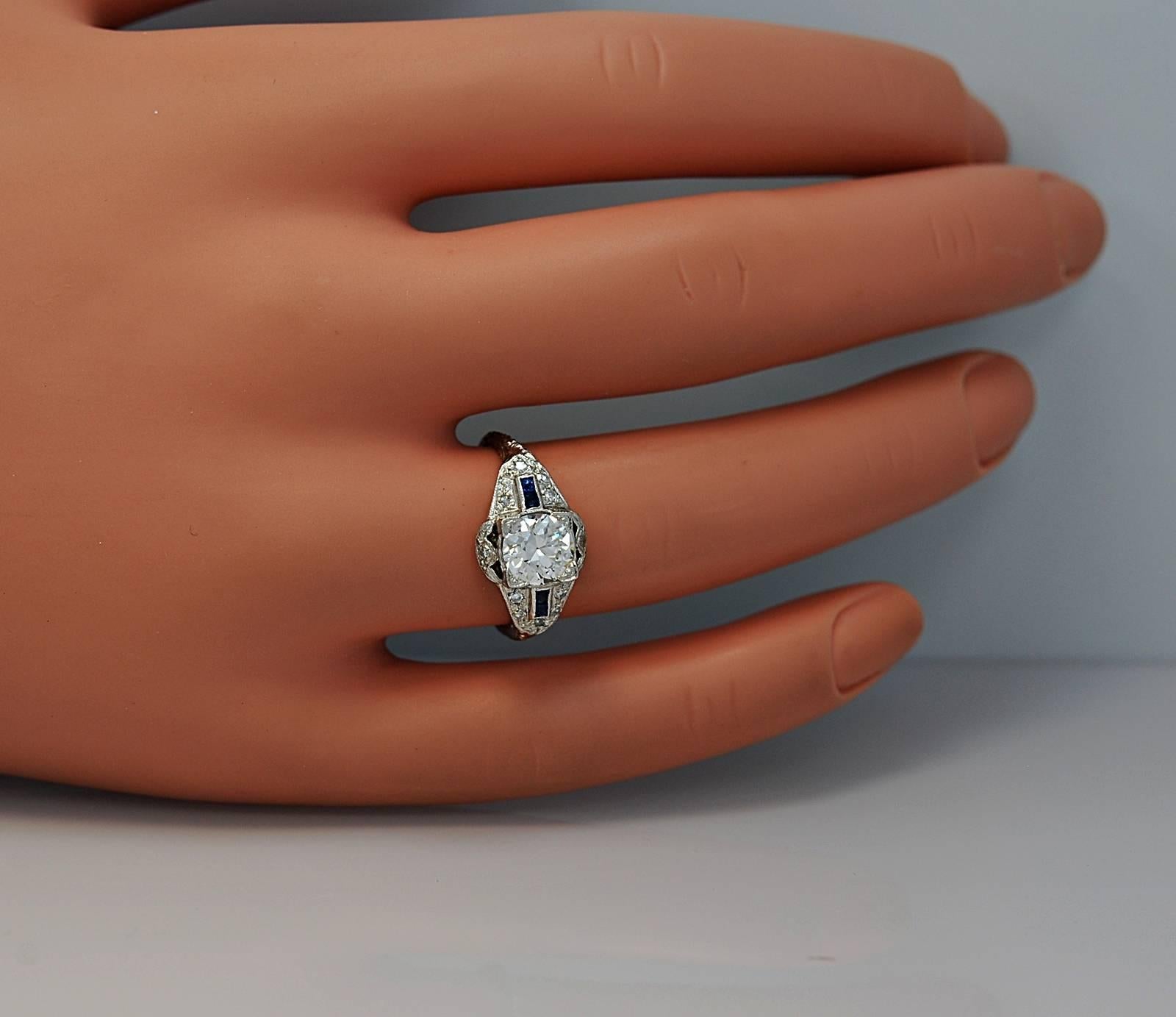 Art Deco 1.07 Carat Diamond Sapphire Platinum Engagement Ring 1
