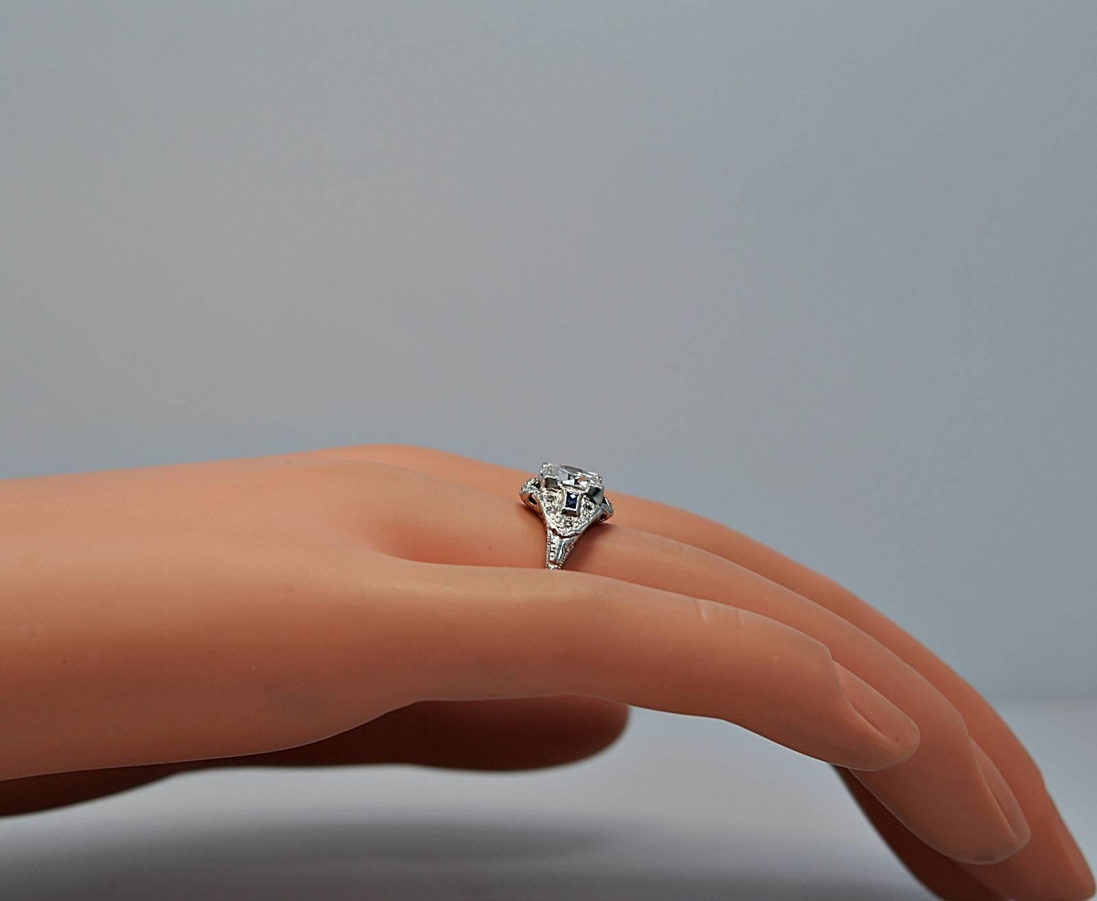 Art Deco 1.07 Carat Diamond Sapphire Platinum Engagement Ring 2