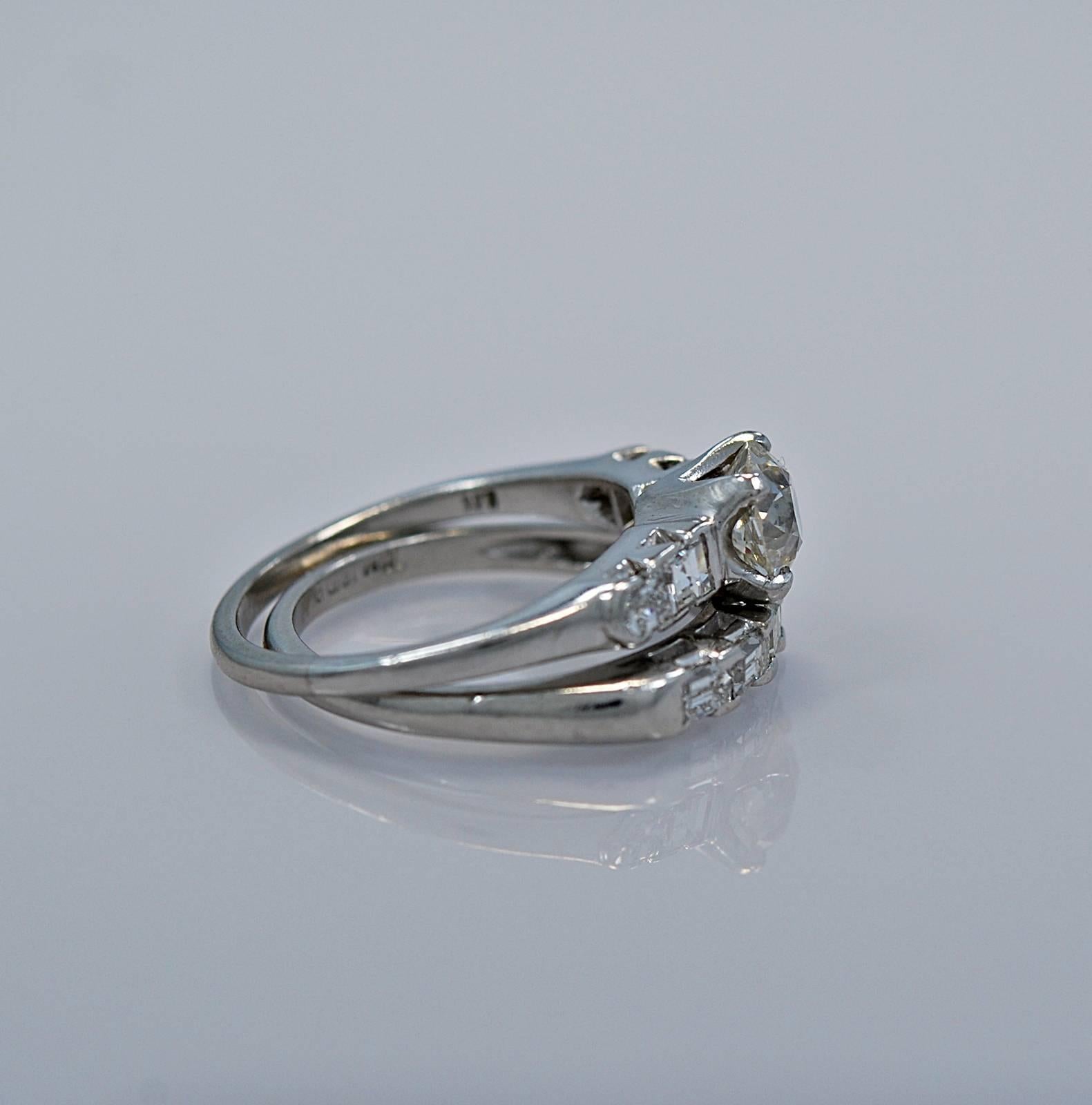Emerald Cut Art Deco Diamond Platinum Engagement Wedding Set