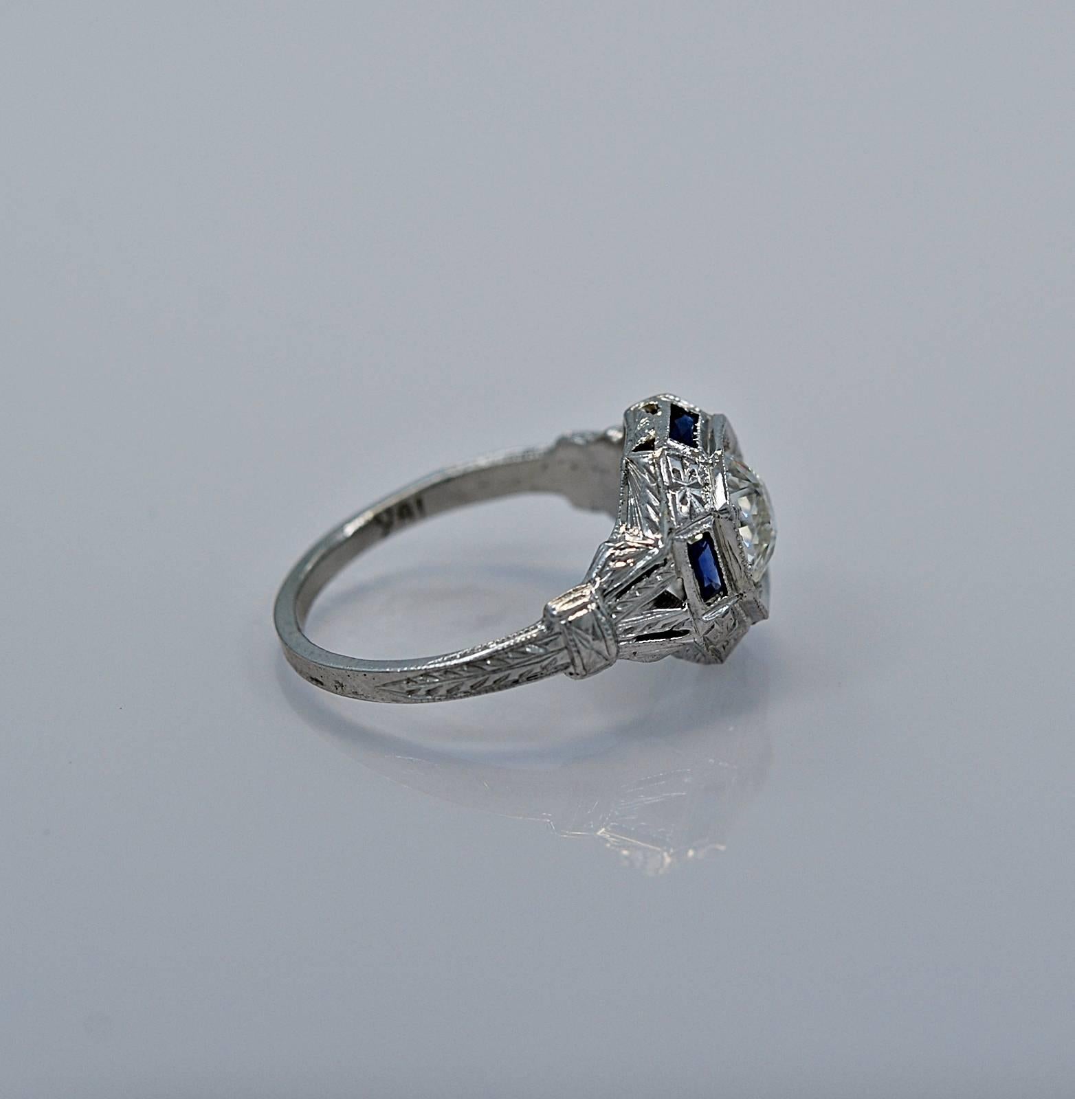 French Cut Art Deco 1.07 Carat Diamond Sapphire Gold Engagement Ring