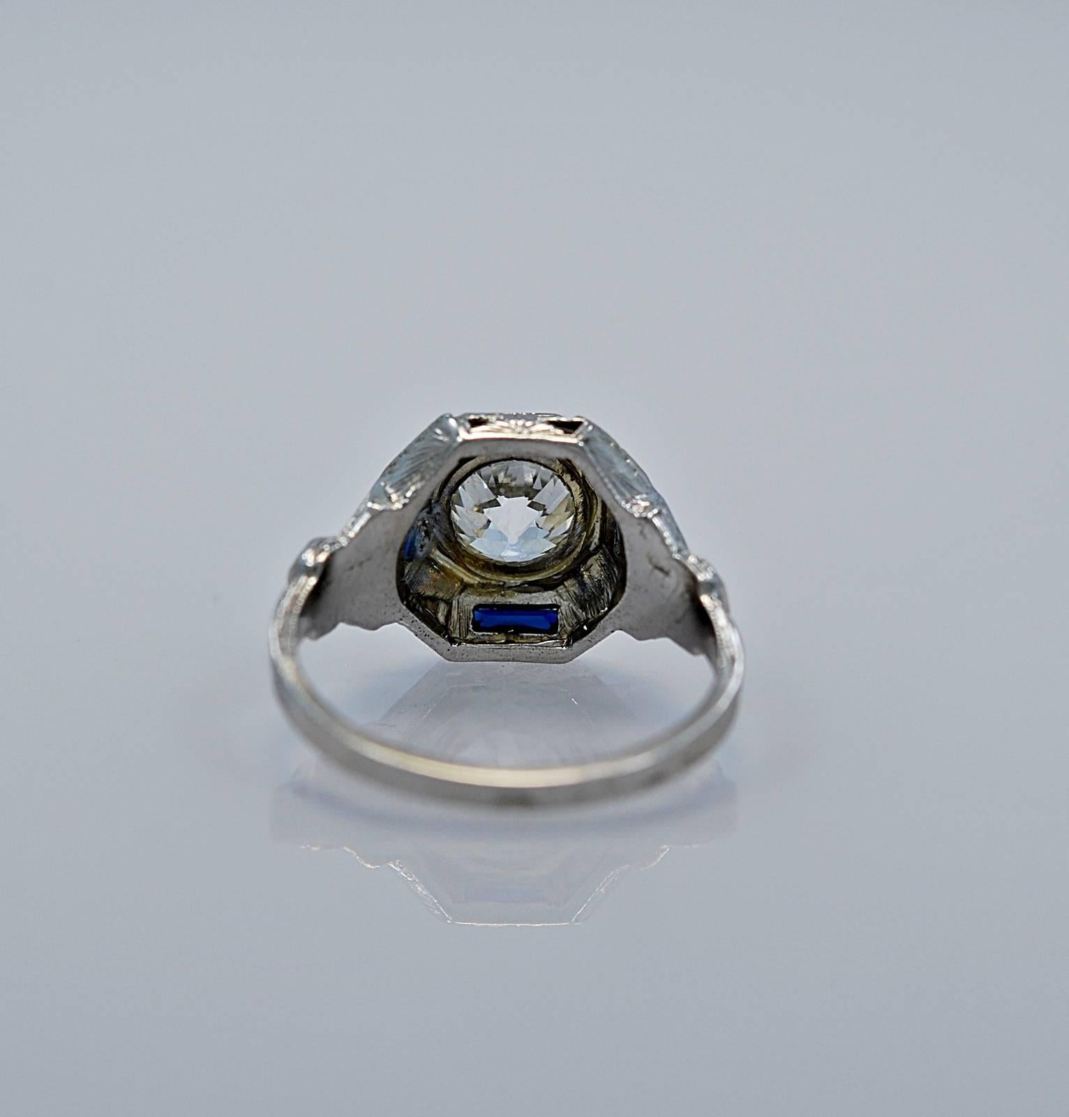 Art Deco 1.07 Carat Diamond Sapphire Gold Engagement Ring In Excellent Condition In Tampa, FL