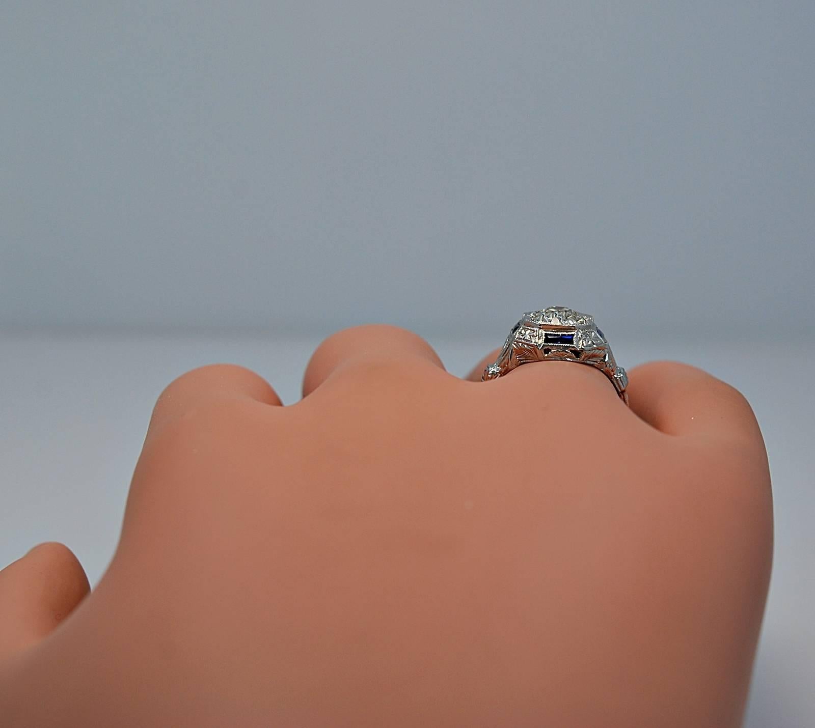 Art Deco 1.07 Carat Diamond Sapphire Gold Engagement Ring 1