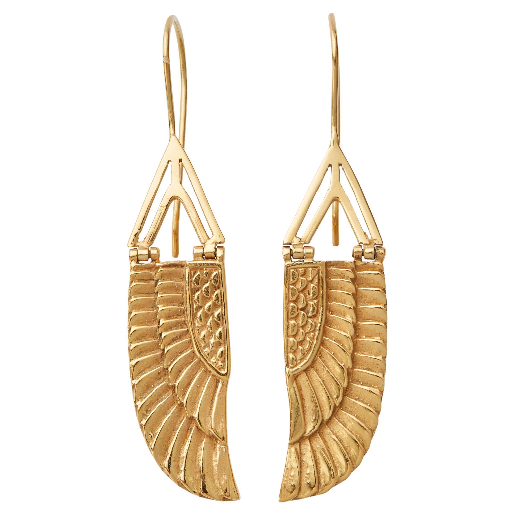 Egyptian 18 Carat Yellow Gold Goddess Isis Wing Earrings For Sale