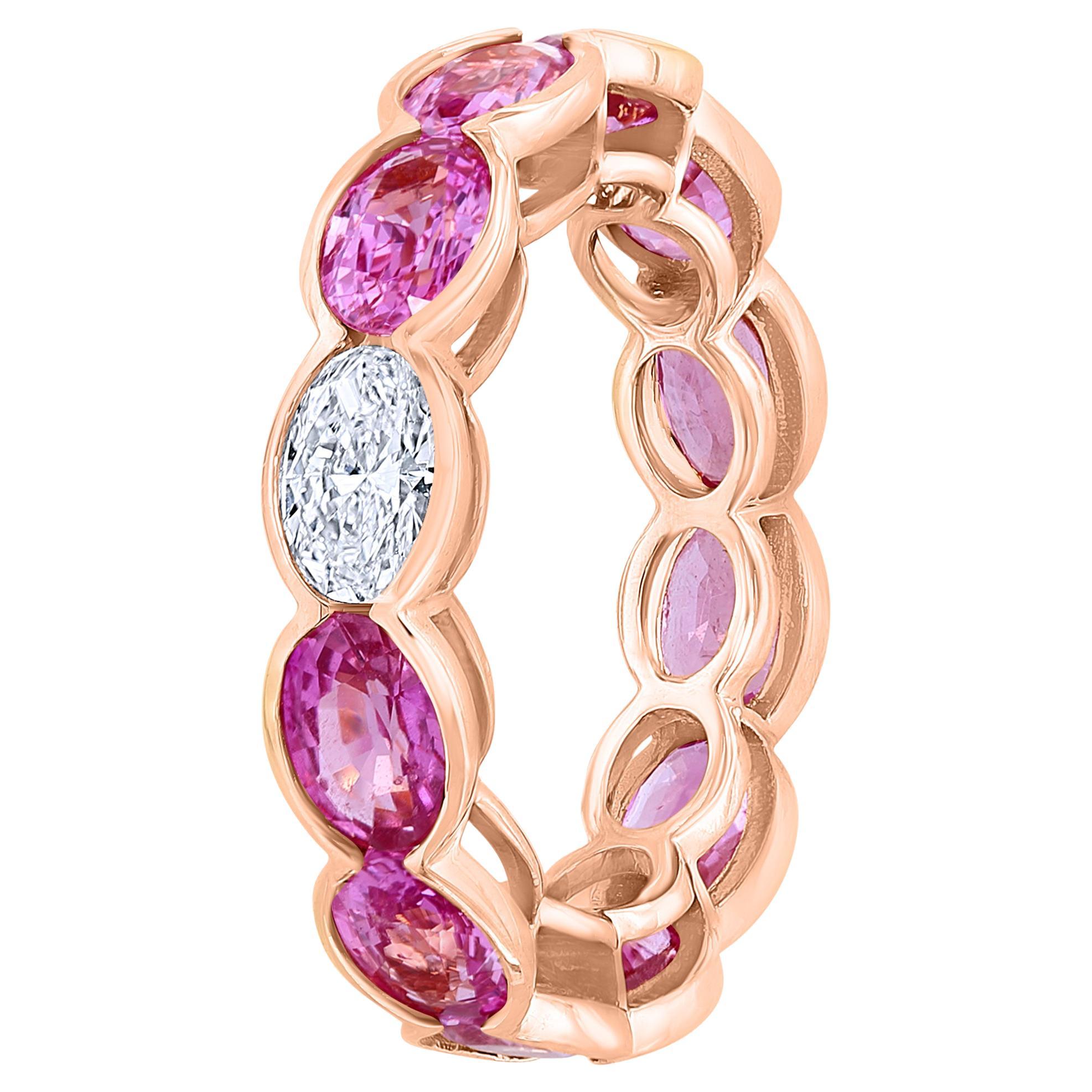 6.33 Carat Pink Sapphire Oval Cut and Diamond Eternity Band Ring For Sale