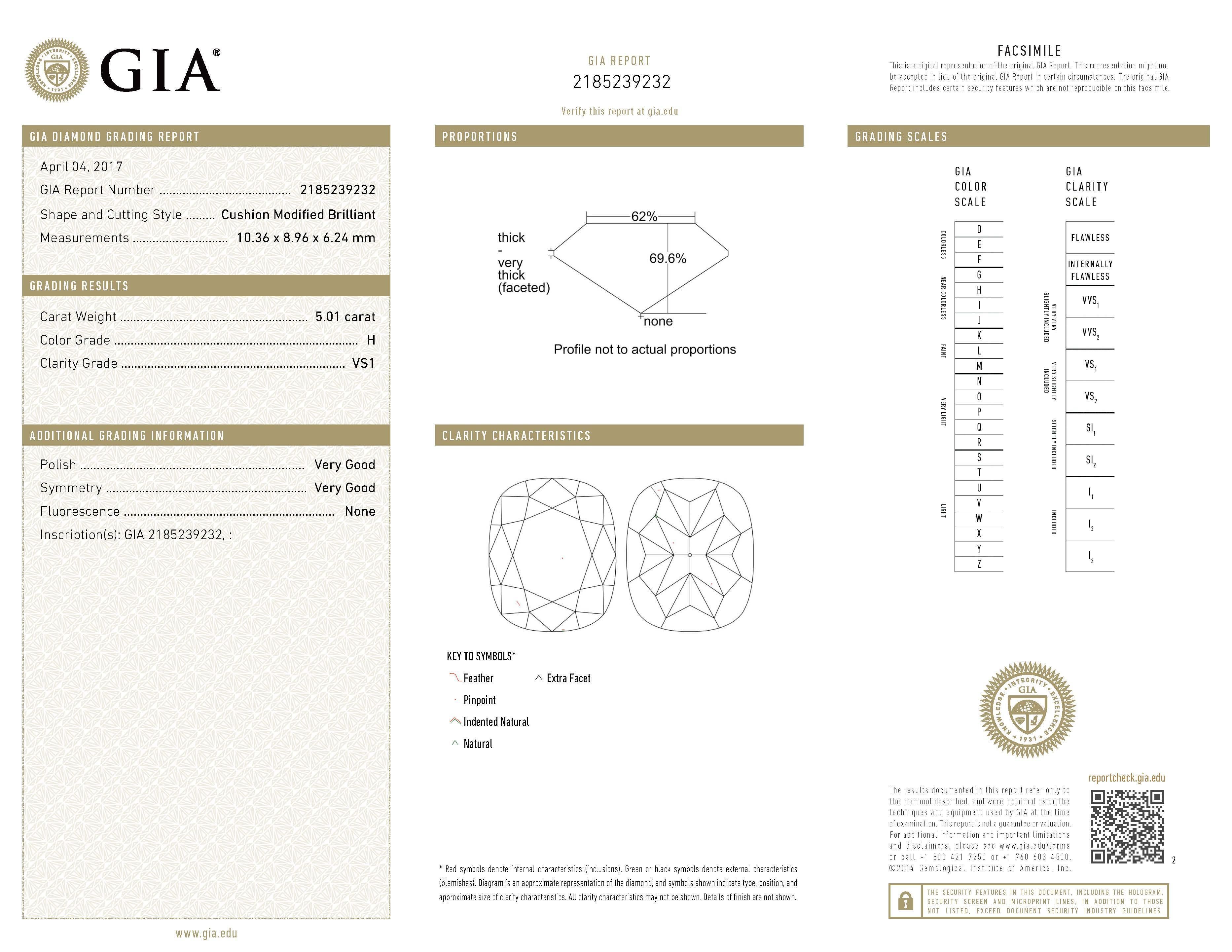 Contemporaneo Alexander Beverly Hills GIA H VS1 5,01ct Anello di diamanti a cuscino allungato 18k in vendita
