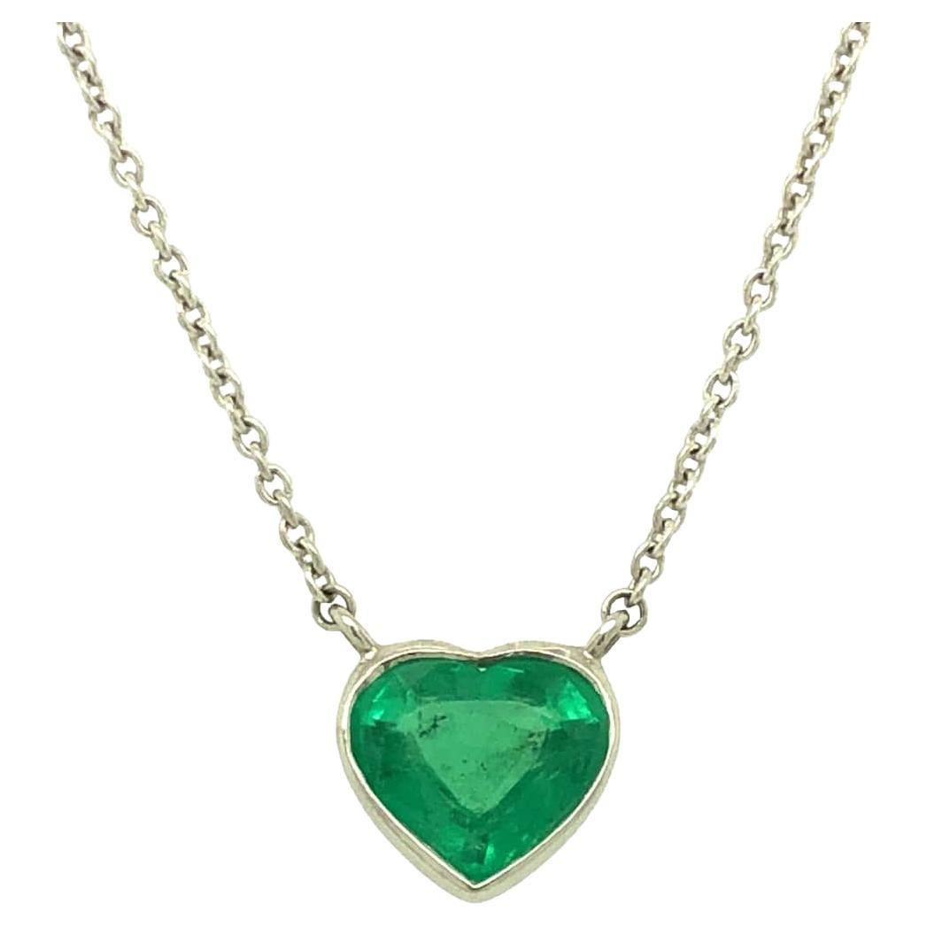 Gems Are Forever 1.18 Carat Heart Shaped Emerald and Diamond Platinum Necklace For Sale