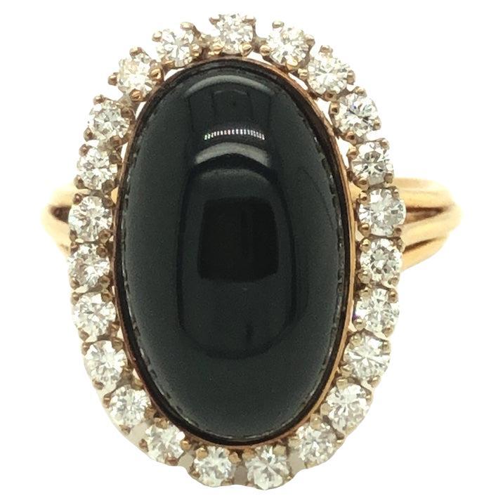 Vintage Cabochon Onyx and Diamond Halo Ring 14K Yellow Gold