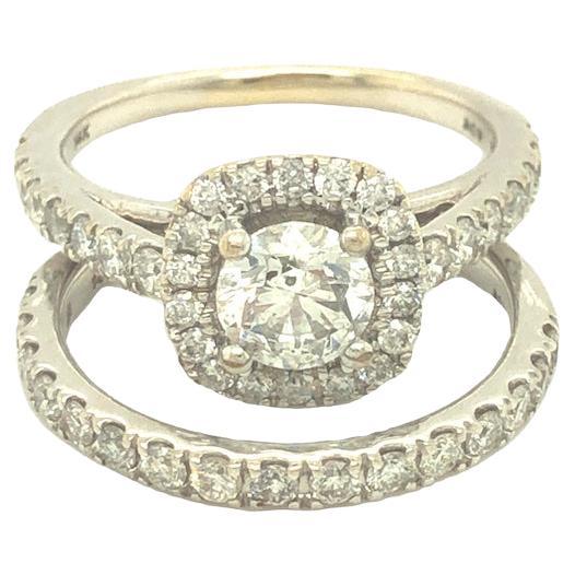 2.05 Carat Total Round Diamond Halo Engagement Ring & Band Bridal Set 14K White For Sale