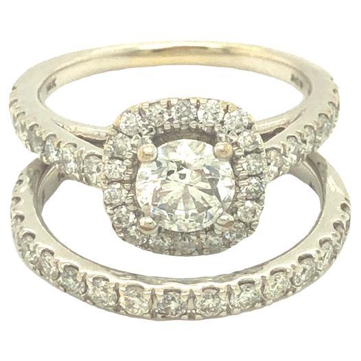 2.05 Carat Total Round Diamond Halo Engagement Ring & Band Bridal Set 14K White