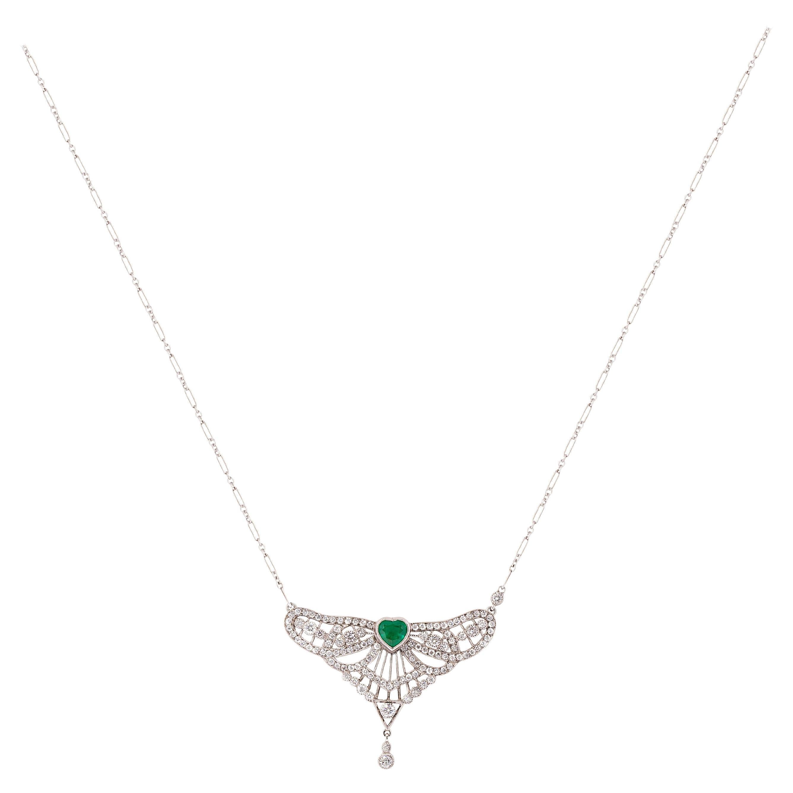 Gems Are Forever Art Deco Inspired Handcrafted 0.81 Ct Heart Emerald and Diamond For Sale