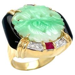 18K Yellow Gold Carved Jade, Diamond, Onyx Ruby Ring
