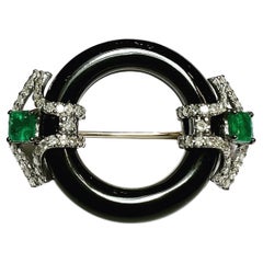 Art Deco Style Diamond Emerald Onyx 14k Gold Round Brooch