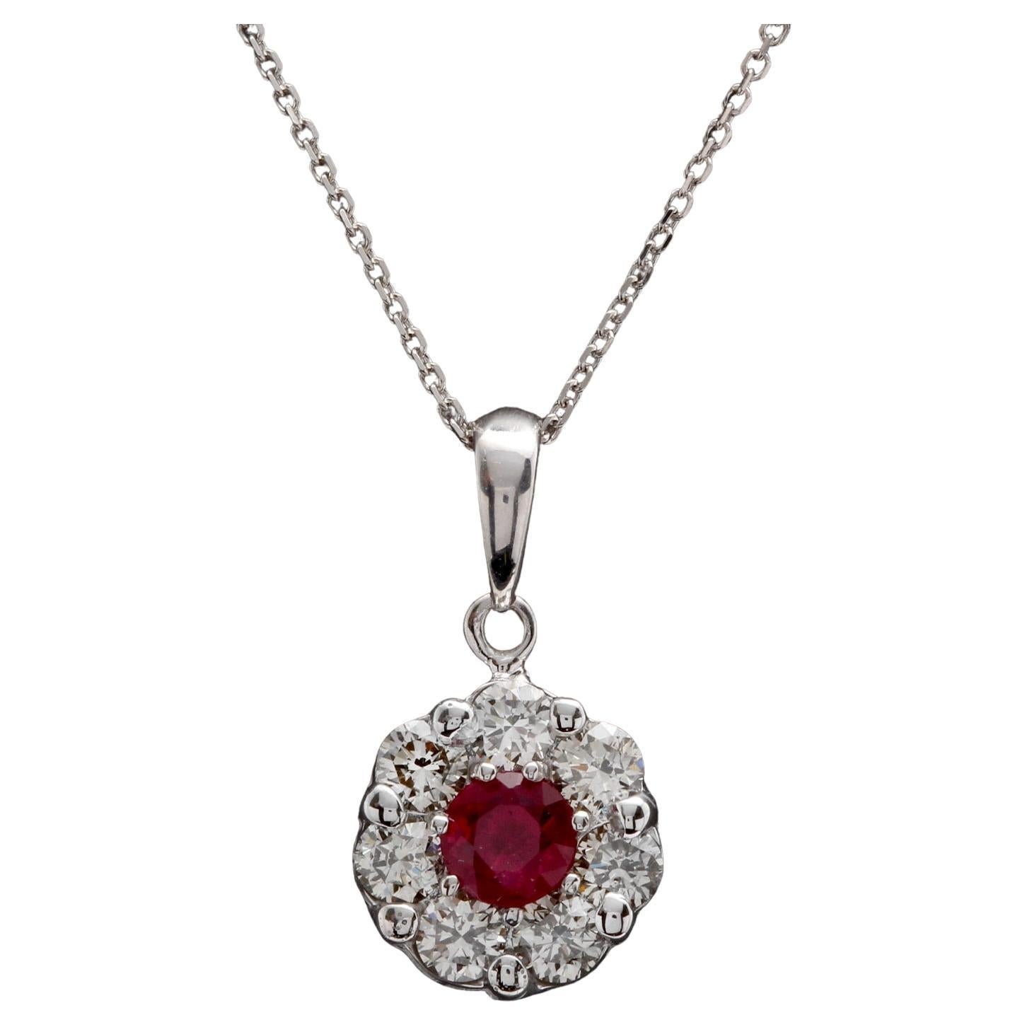 1.15 Carat Natural Red Ruby and Diamond 14 Karat Solid White Gold Necklace For Sale