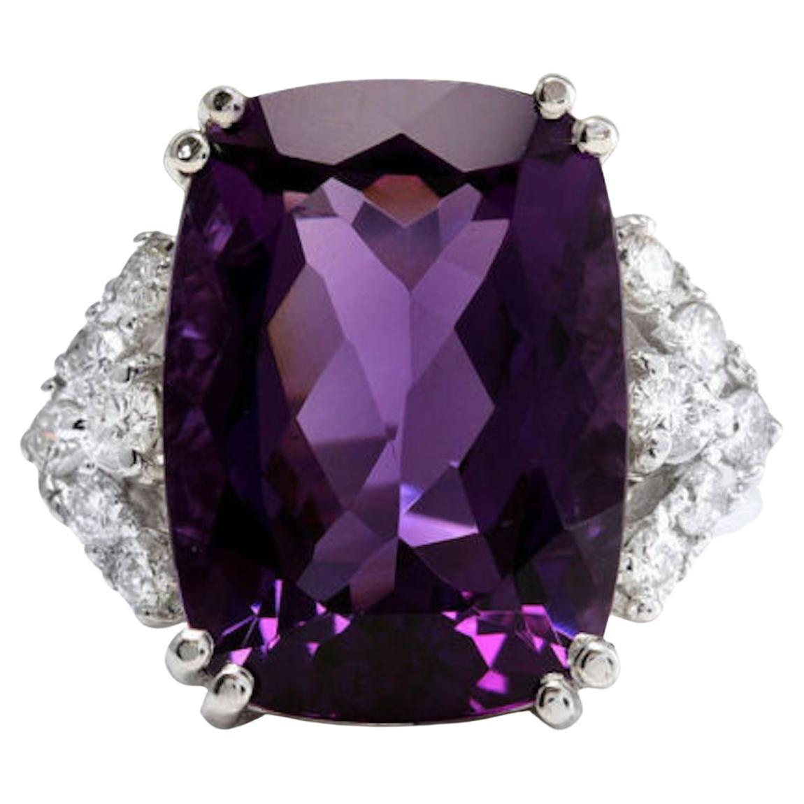 14 Karat massiver Weißgoldring mit 13,80 Karat natürlichem Amethyst und Diamant