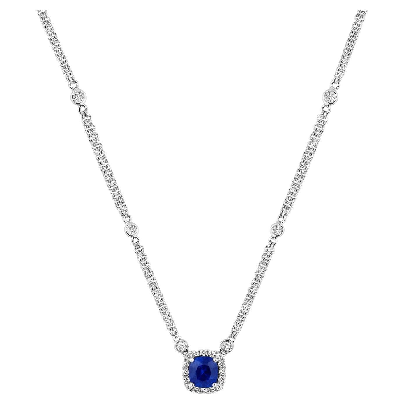 Cushion Sapphire Diamond Pendant Necklace For Sale