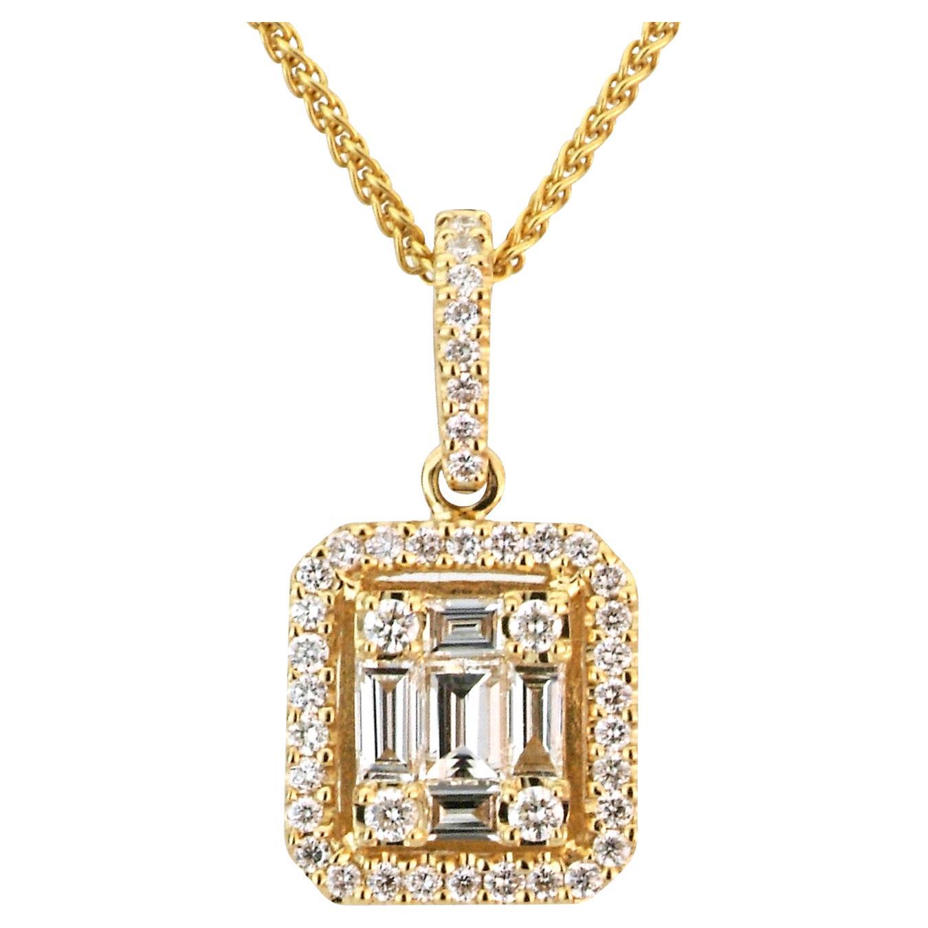 18K Yellow Gold Diamond Emerald Illusion Pendant with Diamond Halo and Chain For Sale