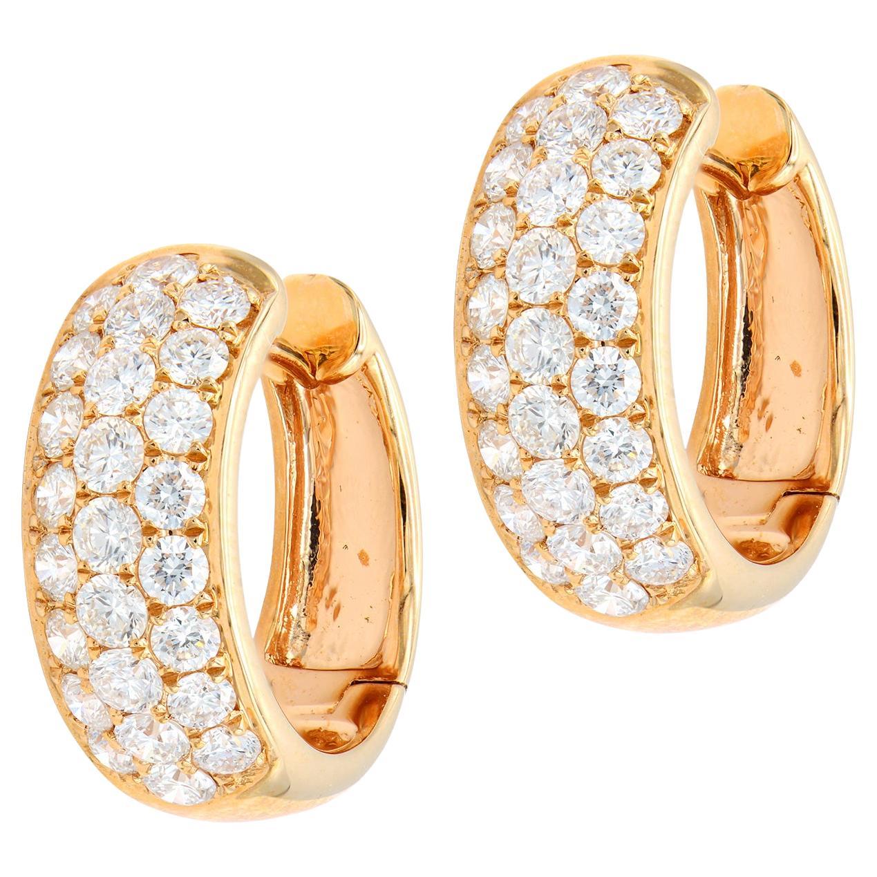 14K Rose Gold 3 Rows of Diamond Hoop Earrings For Sale