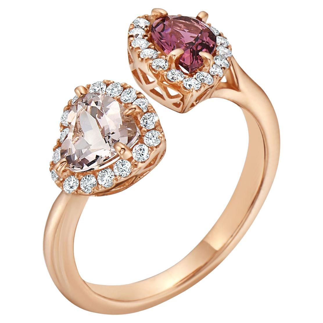 Rose Gold Pear Pink Tourmaline and Heart Morganite Diamond Ring For Sale
