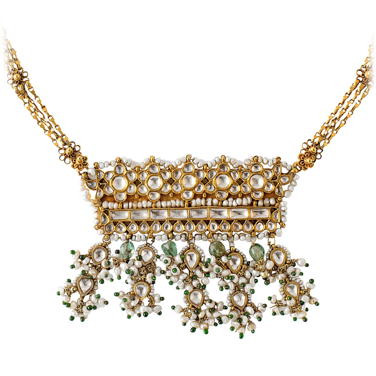 19th Century Indian Nimboli Panch Mania Emerald Pearl Enamel Gold Necklace For Sale