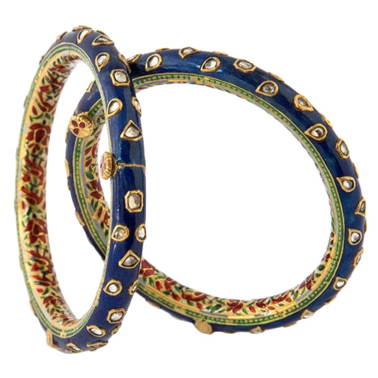 Indian Churin Enamel Sapphire Gold Bangle Bracelets Early 20th Century
