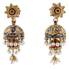 Indian Karn Phul Jumkha Enamel Pearl Diamond Gold Earpendants 19th Century