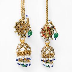 "Karn Phul Jumkha" Antique Indian Gold Emerald Pearl Enamel Peacock Earrings