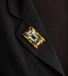 Retro Period Tri-Tone Gold & Aquamarine Brooch Pendant