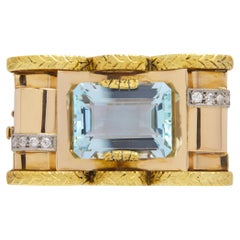 Retro Period Tri-Tone Gold & Aquamarine Brooch Pendant