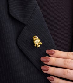 Ruby & Diamond Owl Brooch Pin in 14 Karat Gold