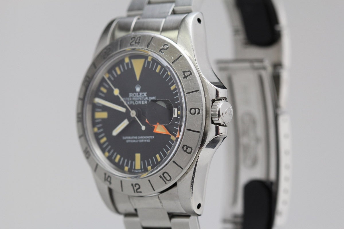 This is a great example of a Rolex Explorer II from 1970's. It has the original factory bezel and a beautiful original dial with pleasing luminous markers. This watch has been nicknamed the Steve McQueen and Freccione. It is highly sought after by
