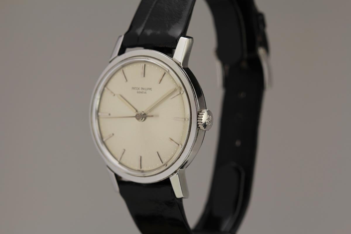 This is an exceptional example of a scarce stainless steel Patek Philippe reference 3483.   This is a manual wind watch produced in the 1960s with sweep seconds.   Not many of this models come up for sale.   This particular watch is in mint
