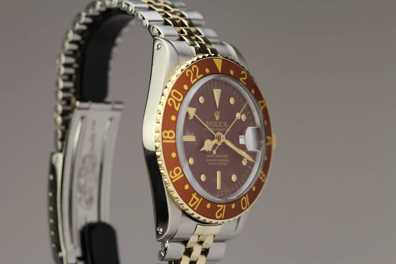 Rolex Yellow Gold Stainless Steel GMT Master Root Beer Dial Wristwatch Ref 1675 In Good Condition In Miami Beach, FL