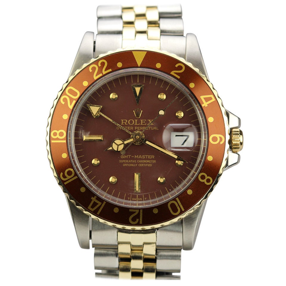 Rolex Yellow Gold Stainless Steel GMT Master Root Beer Dial Wristwatch Ref 1675