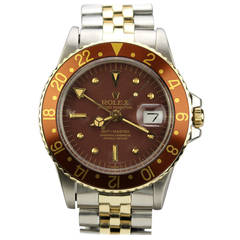 Vintage Rolex Yellow Gold Stainless Steel GMT Master Root Beer Dial Wristwatch Ref 1675