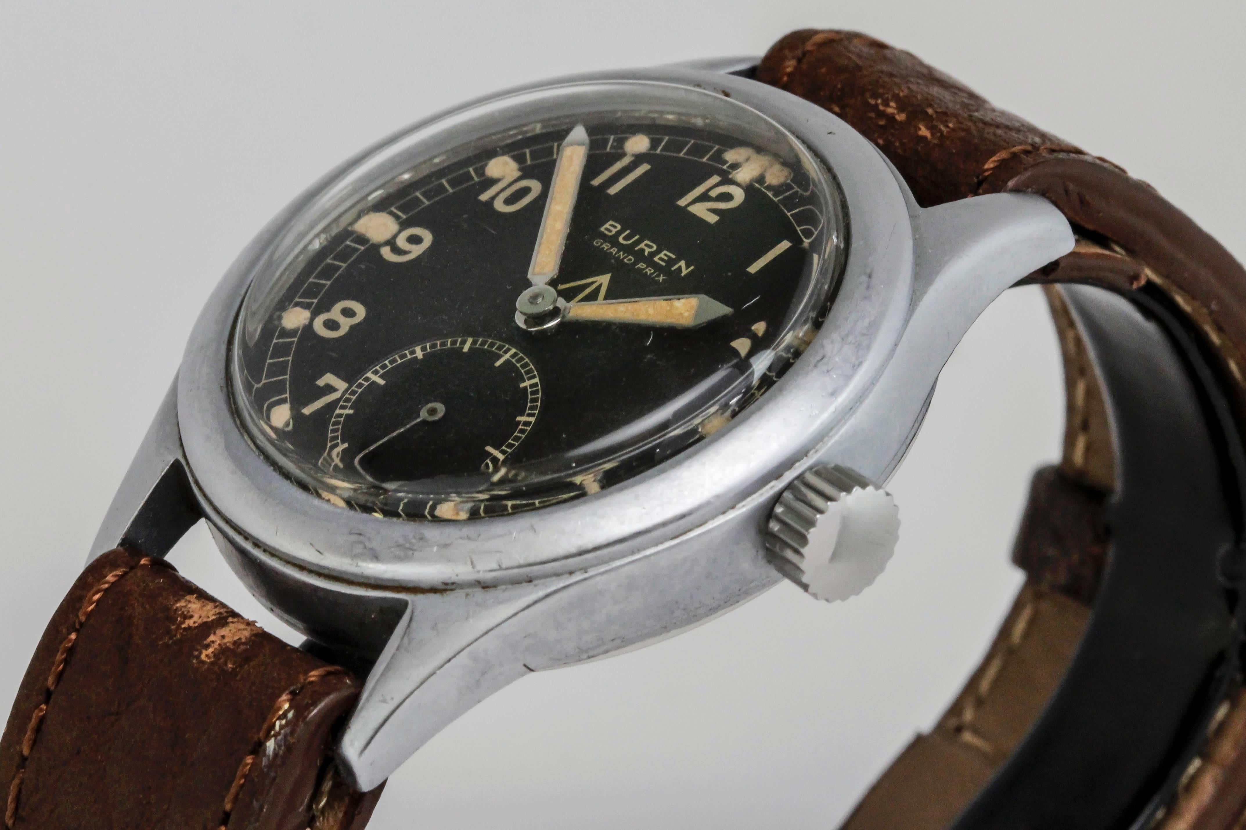 Buren Grand Prix wristwatch from the 1940's with a black dial, Arabic numerals, military broad arrow, issue markings 