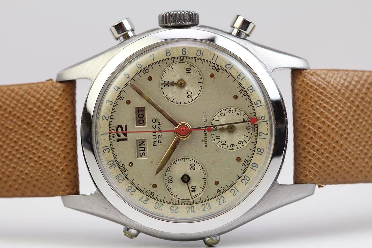 Mulco Stainless Steel Prima Triple Date Chronograph Wristwatch In Excellent Condition In Miami Beach, FL
