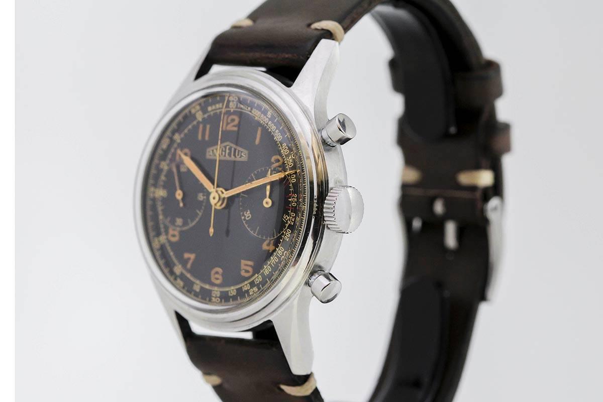 Angelus Stainless Steel Gilt Dial Chronograph Wristwatch c. 1950's